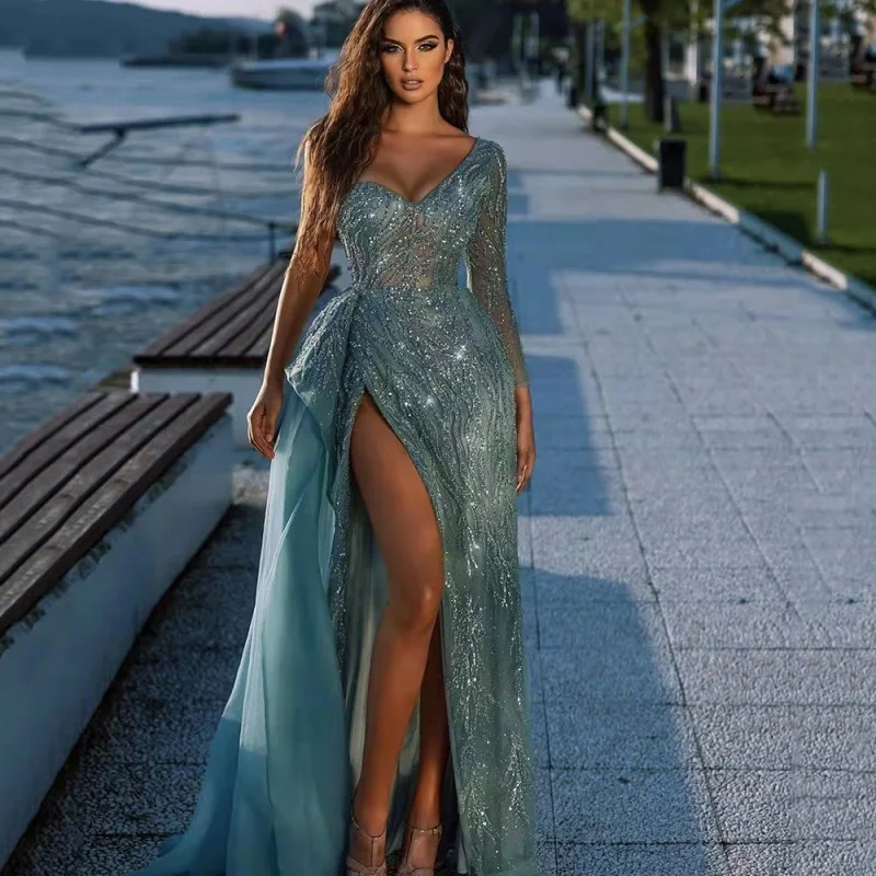 African Dresses For Women Party Dashiki Clothing Long Sleeve Split Maxi Dress Robe Africaine Femme Clothes Africa Sequins Dress