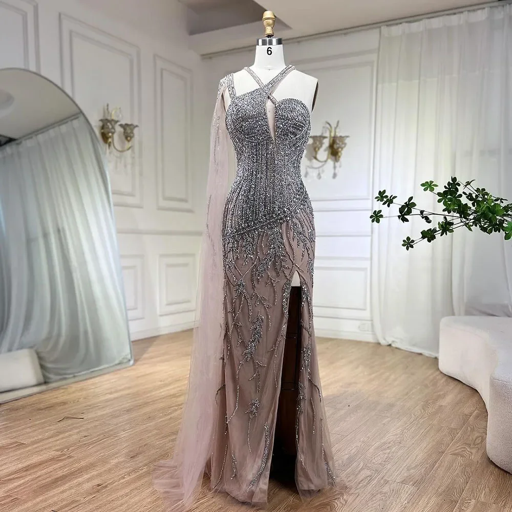 SERENE HILL 2024 Gray Nude One Shoulder Mermaid Beaded Evening Dresses Hollow Out Sexy Split Long Gowns For Women Party