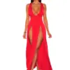 Sexy Deep V Neck High Split Bodycon Cocktail Party Maxi Dress Women Formal Evening Dress Solid Red Summer Long Club Dress