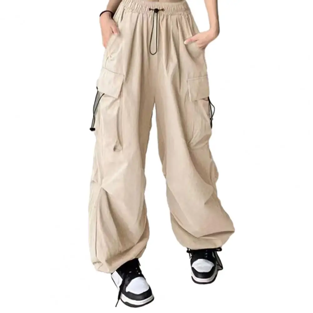 Women Cargo Pants Hip Hop High Waist Multi Pockets Drawstring Full Length Ankle-banded Streetwear Trousers