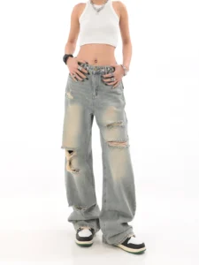 WCFCX STUDIO Ripped Vintage Woman's Distressed Jeans Y2K Korean Streetwear High Waist Wide-leg Pants Woman's Hip Hop Blue Jeans - Image 3