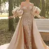 Elegant Champagne Mermaid Evening Gowns Off Shoulder Beaded Bubble Long Sleeve Party Dress Formal Prom Dress For Women Custom