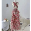 Summer Fashion Pink Floral Print Beach Chic Ruffles Cake Maxi Dress Women Sexy V Neck Hanging Neck Sleeveless Party Dress Robes - Image 4