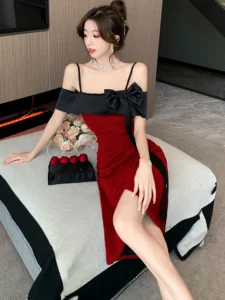 Red Patchwork Black Bow Chic Gala Dresses Woman Summer Elegant Bodycon Sling Sexy Dress 2024 Korean Luxury Party Evening Dresses - Image 3