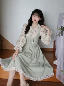 Green Elegant Vintage Strap Dress Women 2023 Spring Lace Evening Party Midi Dresses Ladies Retro Korean Sweet Kawaii Fairy Dress - Image 6