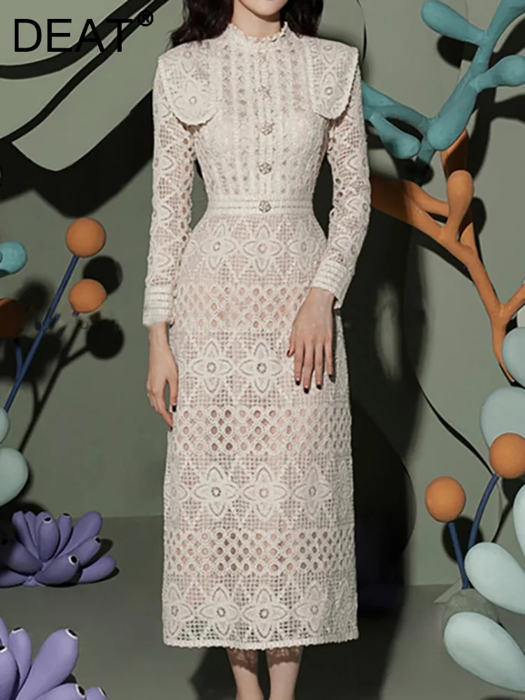 DEAT Fashion Women Hollow Out Dress Full Sleeves Patchwork Single Buttons Elegant Lady Evening Party Spring 2024 New