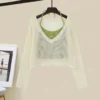 2024 Spring Summer Women Green Clothing Outfits Korean Lady Fashion Hollow Out Knit Tops Sling Vest High Waist Pants 3 Pcs Sets - Image 4