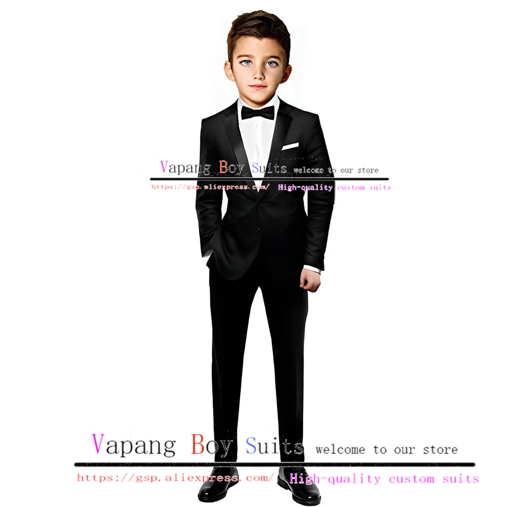 Black Boys Suit 2 Piece Wedding Tuxedo Formal Jacket Pants Bow Tie Kids Classic Blazer Set Slim Fit Clothes