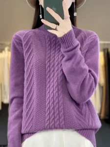 Women Sweater For Winter 100% Merino Wool Mock Neck Thick Warm Pullover Twist Flower Long Sleeve Cashmere Knit Korean Fashion - Image 3