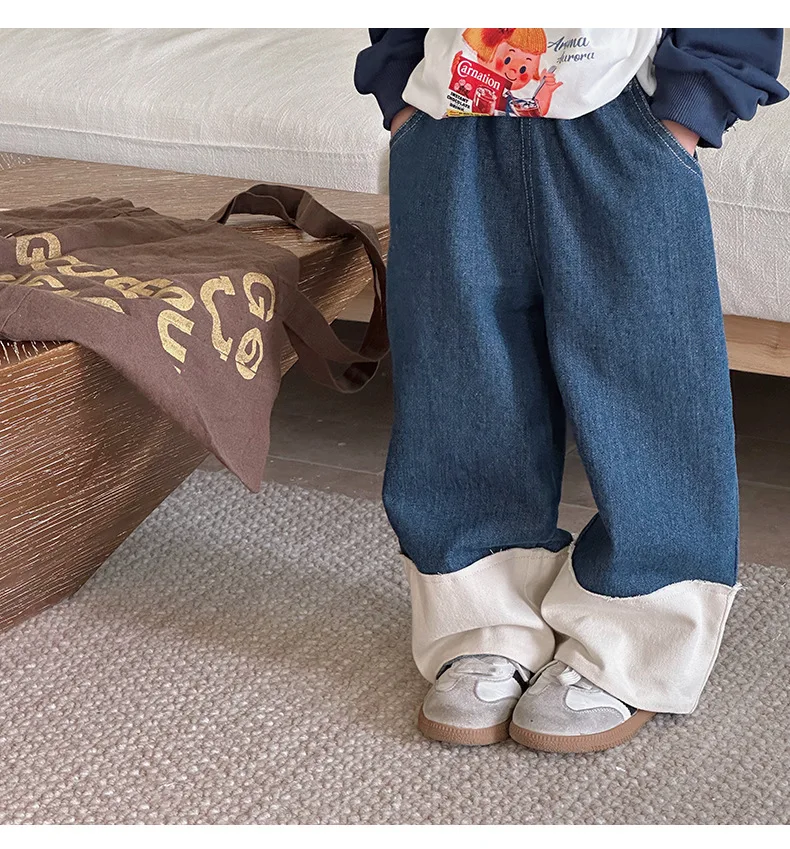 Wide Leg Pants Spring New Korean Children Cowboy Boys Girls Color Blocking Soft Trousers Elastic Waist 2024 Trendy