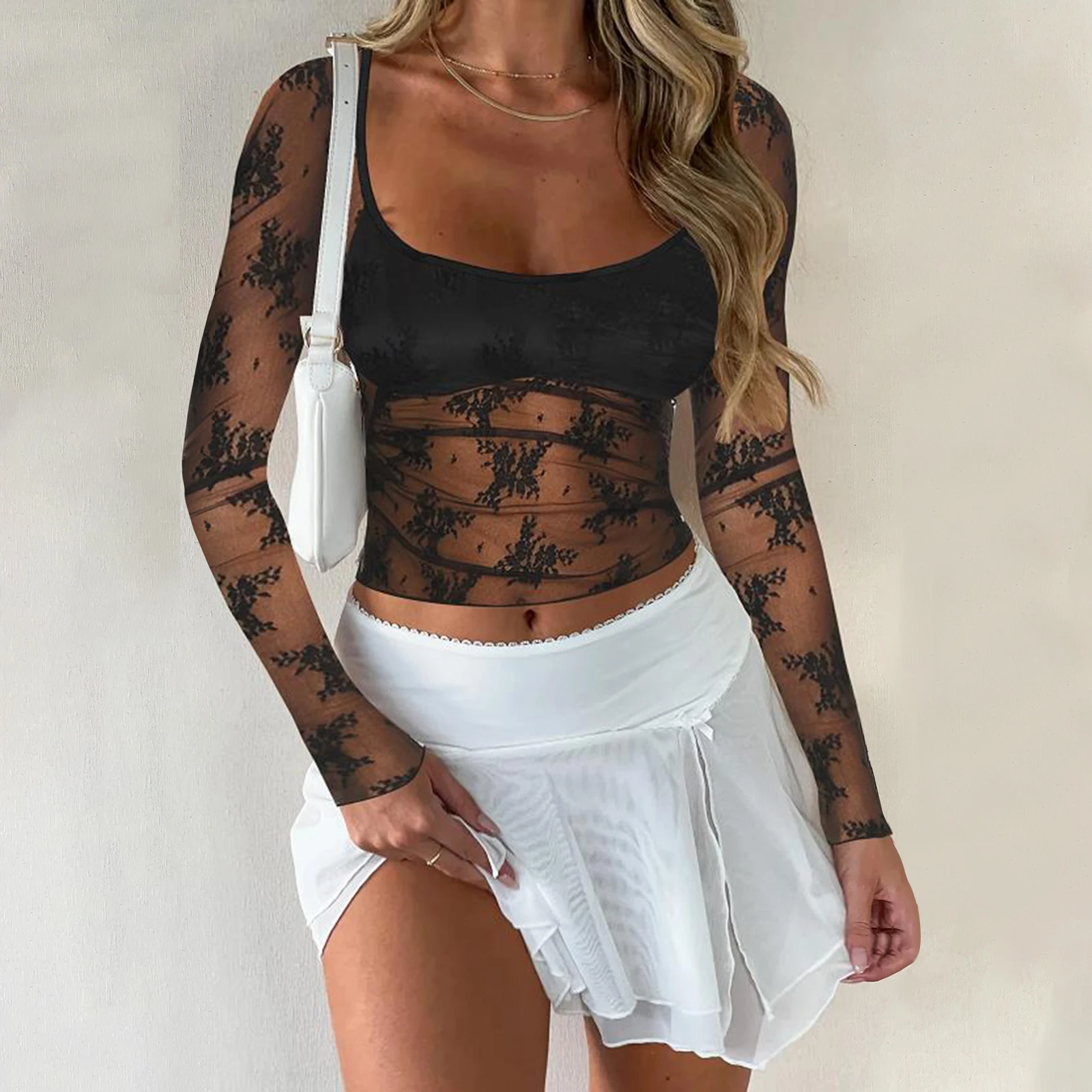 hirigin Women's Summer Fitted Crop Tops Black Long Sleeve U Neck Sheer Lace Floral Slim Fit T-shirt Tops Retro Streetwear