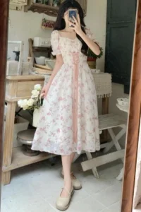 Korean Fashion Summer 2023 Chiffon Lace Fairy Dress Retro Square Neck Crushed Flowers Princess Sleeve High Waist Sweet Dress - Image 6