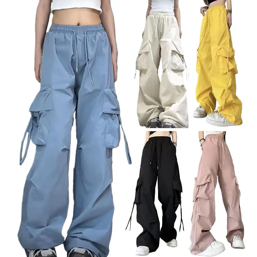 Women Casual Tech Pants Drawstring Black Low Waist Wide Leg Trousers Oversized Sweatpant Baggy Joggers Streetwear Cargo Pant