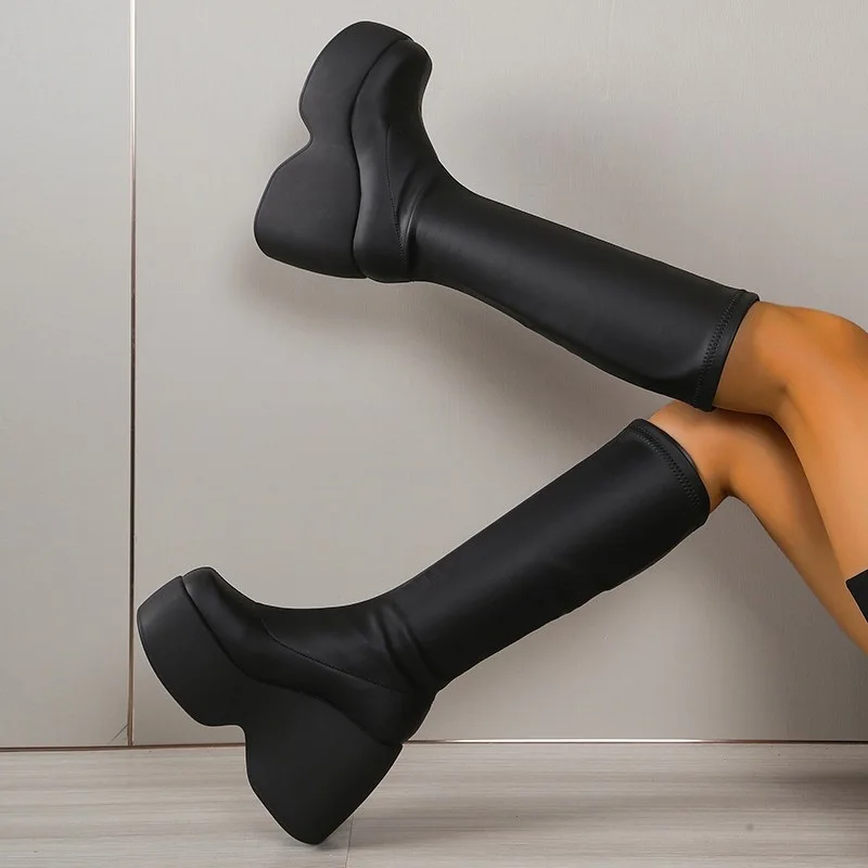Boots Women Shoes on Platform Knee High Long Woman Wedges Gothic Stripper Chunky Heels Sexy Tights Winter Zip Up
