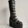 Brand Dropship Plus Size Black Gothic Vampire Halloween Cosplay Punk Buckle Street Platform Wedge High Heel Boots Women Shoes