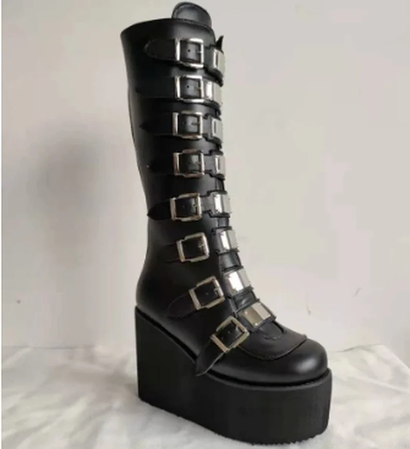 Brand Dropship Plus Size Black Gothic Vampire Halloween Cosplay Punk Buckle Street Platform Wedge High Heel Boots Women Shoes