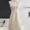 Small Fragrant Ladies Sleeveless Tweed Sexy Night Club Dress Women's Summer New Halter Pearl Beading Mini Elegant Party Dresses