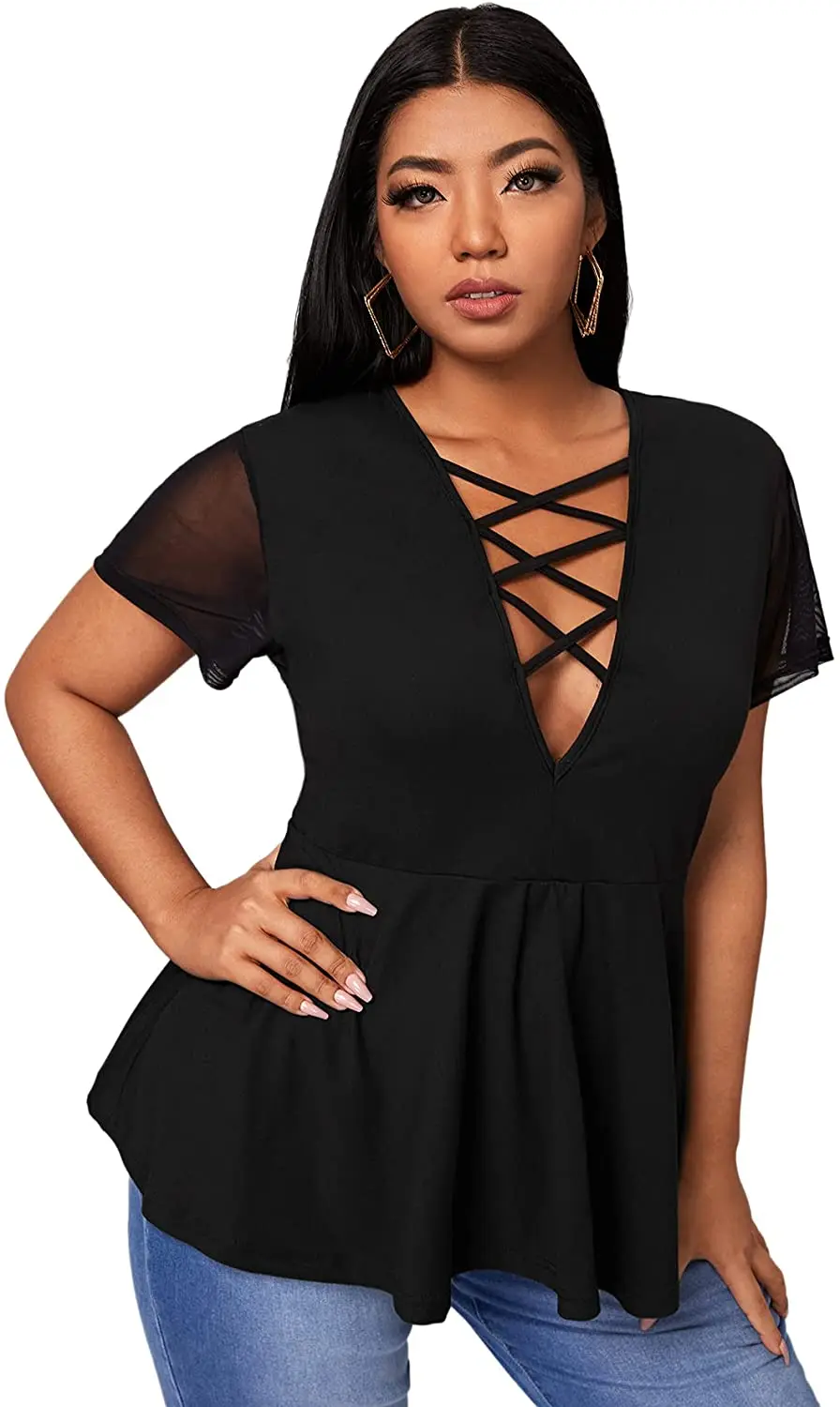 2022 Summer New Women's Solid Color Plus Size Short Sleeve Shirt Sexy Temperament Joker Slim Fashion Cross V-Neck T-Shirt