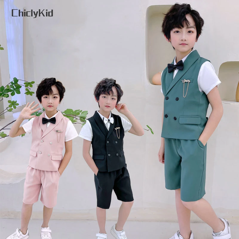 Boys Summer Solid Vest Shirt Shorts Formal Dress Costumes Kids Waistcoat Cool Clothes Sets Child School Uniforms Toddler Tuxedos