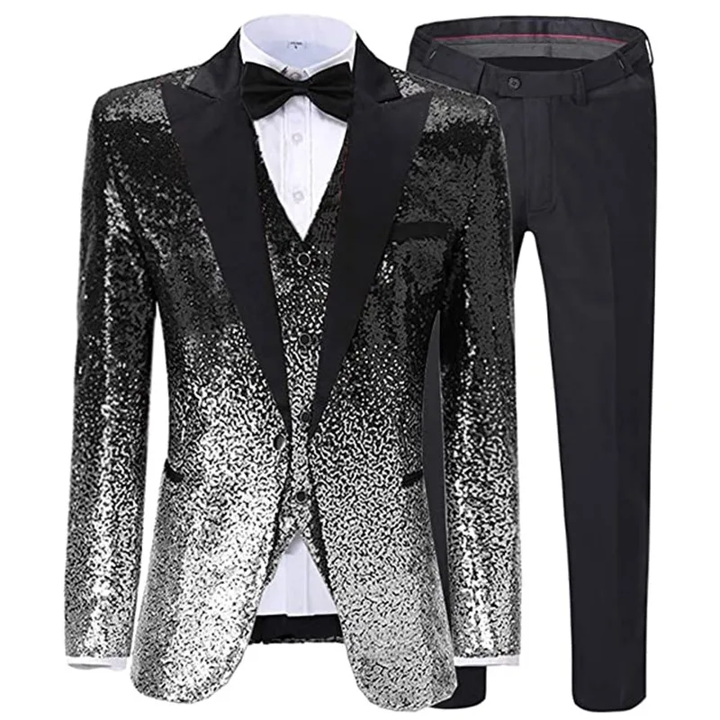 Mens Suit 3 Pieces Sequin Color Shiny Sequin Suit Peak Notch Lapel for Wedding/Party Groom Banquet Nightclub (Blazer Vest Pant)