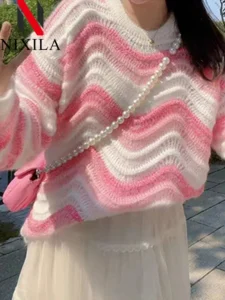 Spring Autumn Women's Pullover Sweet Rainbow Bar Sweater Women Elegant Loose Knit Long Sleeve Tops Korean Fashion Lady Clothes - Image 2