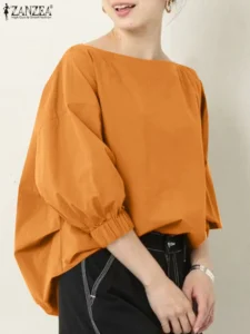 ZANZEA Women Solid Tops Oversized 3/4 Lantern Sleeve Blouse Fashion Holiday Korean All-match Blusas Casual Loose O-neck Shirts - Image 3