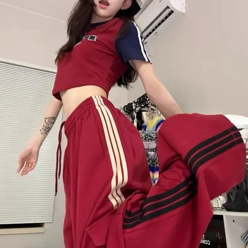 Women Black Cargo Pants Streetwear High Waist Wide Leg Pants Contrasting Colors Vintage Female 2024 Red Autumn Straight Trousers