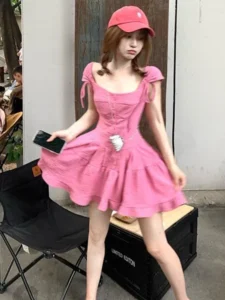 QWEEK Y2k Pink Summer Dress Women 2023 Sundress Casual Kawaii Princess Fairy Short Dresses Party Korean Fashion New In Kpop - Image 5