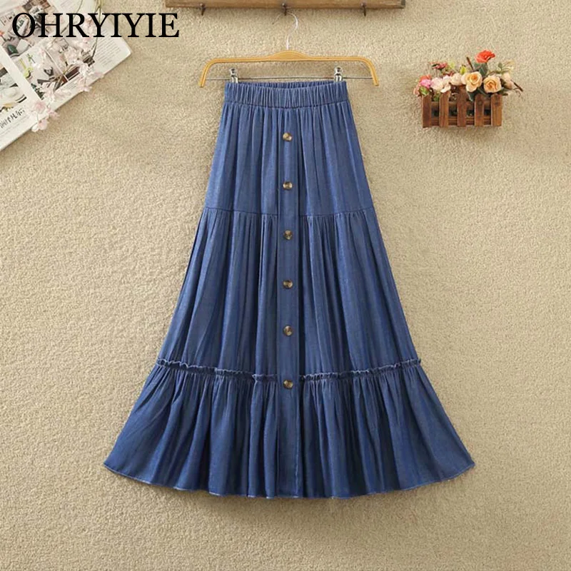 OHRYIYIE Women Single Breasted Denim Skirt 2023 New Fashion Midi Long High Waist A-Line Skirt Female Slim Sun School Jean Skirt