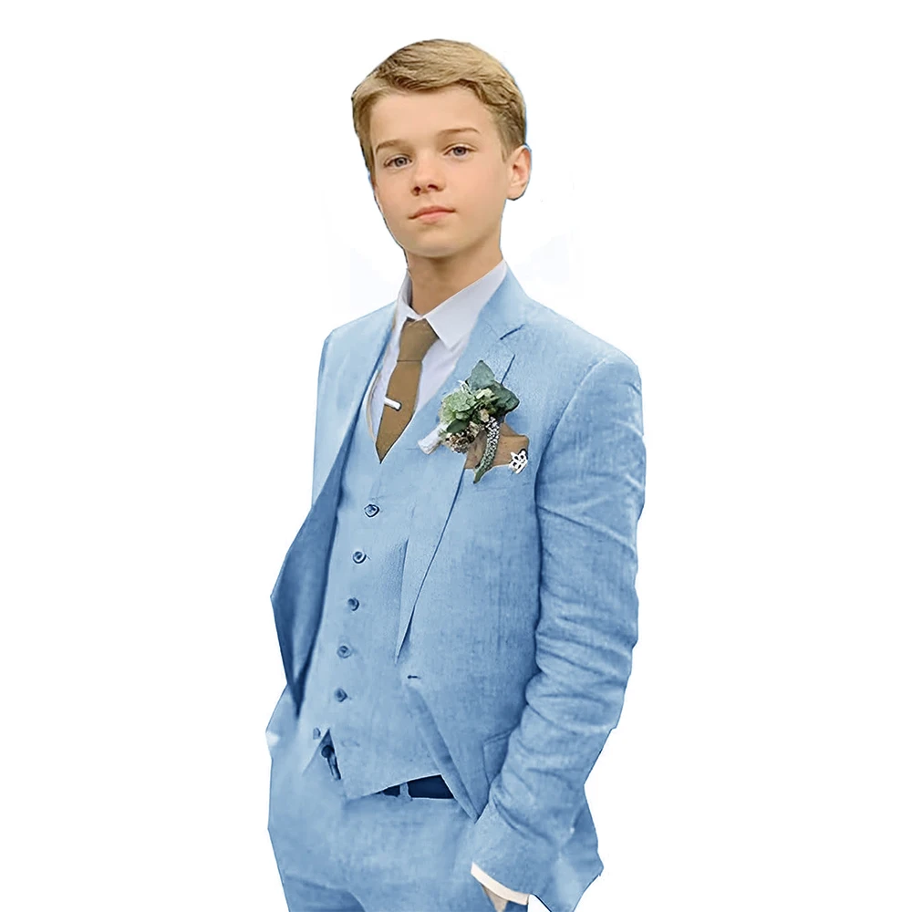 Boy's Suits 3 Piece White Linen Suit Luxury Tuxedo Children High Quality Single Breasted Costume Summer Beach Wedding Page Boy