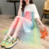 Sweet Rainbow Gauze Spliced Dresses Fairy Women's Clothing Casual Round Neck Summer New Short Sleeve All-match Korean Midi Dress - Image 3