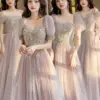 Pink Bridesmaid Dress For Women Luxury Slim Tulle Off Shoulder A-line Gowns Elegant Appliques Square Neck Wedding Party Dresses