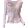 Fall Women 2000s Aesthetic Japanese Fashion Graphic Crop Tops Long Sleeve Bodycon T-Shirts Gyaru Tees Y2k Streetwear Harajuku