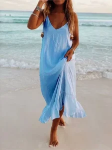 Summer Casual Boho Dress Woman Fashion V Neck Spaghetti Strap Loose Beach Party Long Dresses For Women Robe Femme New - Image 3