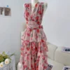 Summer Fashion Pink Floral Print Beach Chic Ruffles Cake Maxi Dress Women Sexy V Neck Hanging Neck Sleeveless Party Dress Robes - Image 2