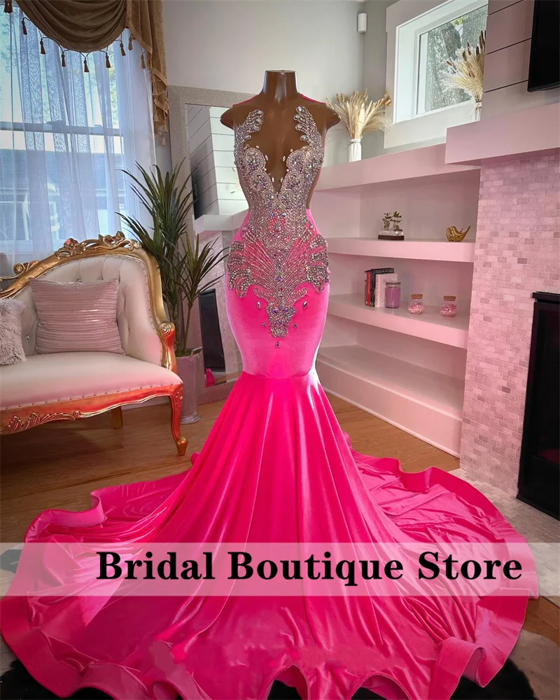 Glitter Diamonds Fuchsia Prom Dress For Black Girls Velvet 2024 Beaded Crystal Rhinestones Evening Gown Birthday Party Dresses