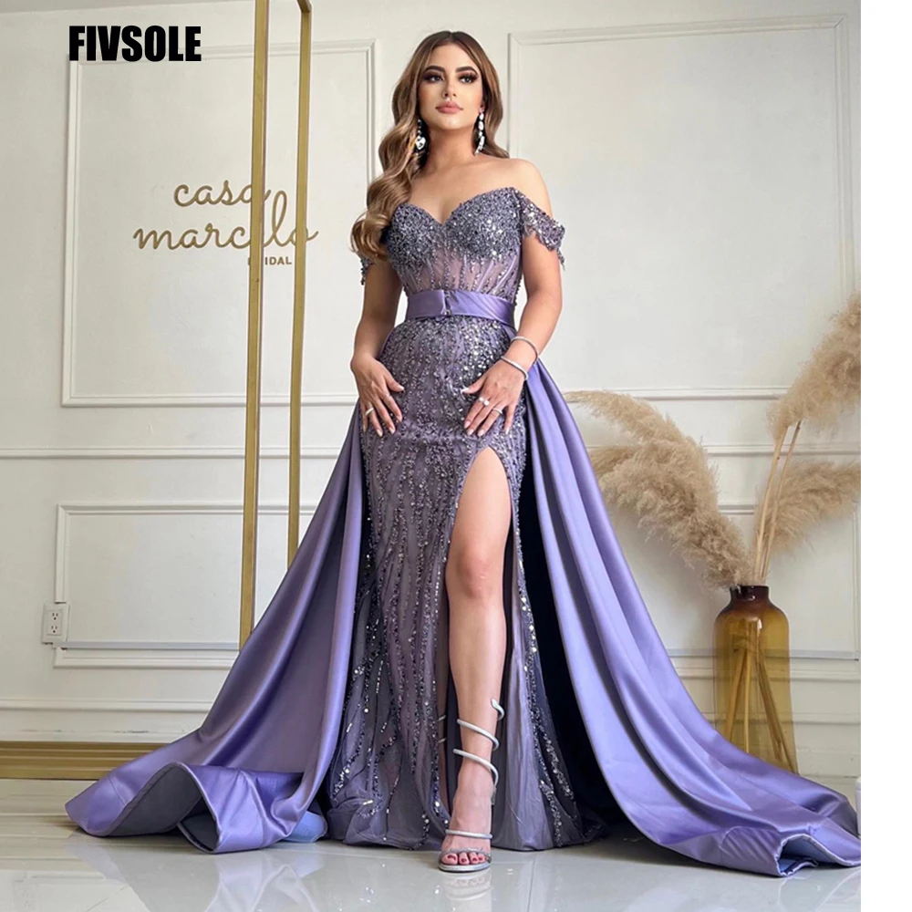 Fivsole Mermaid Evening Dresses Sexy Slit Tulle Evening Gowns Sparkly Sequined Prom Dress Party Vestidos De Noche 2024 Baljurken