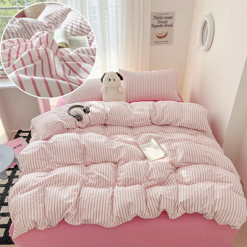 Stripe Style Duvet Cover Pillowcase with Bedsheet Soft Bed Linen Sets Skin-friendly Bedding Set for Home
