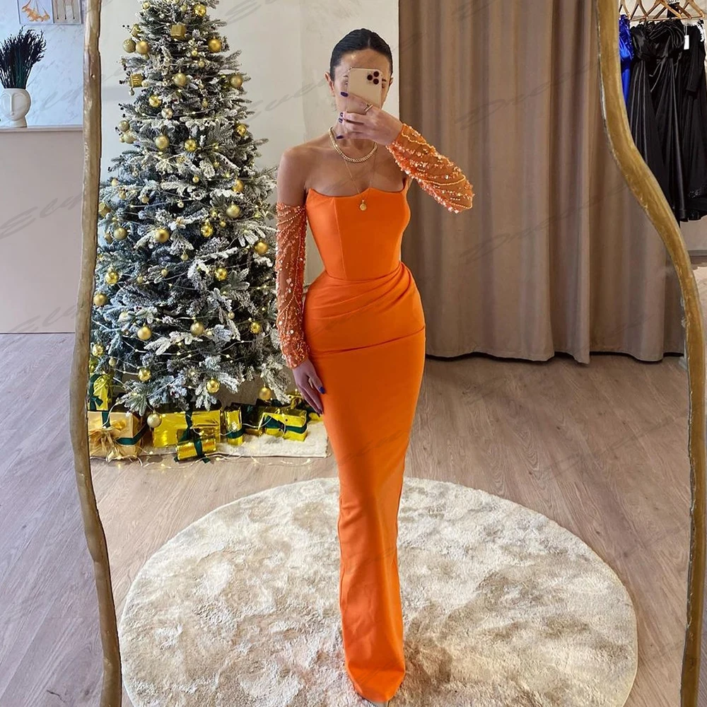 Fashion Satin New Evening Dresses Mermaid For Women Sparkling Beading Sexy Backless Formal Off Shoulder Long Sleeves Prom Gowns