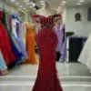 Long Burgundy Off the Shoulder Mermaid Sequined Evening Dresses Emblished with Silver Crystals Chains Night Party Gowns 2023