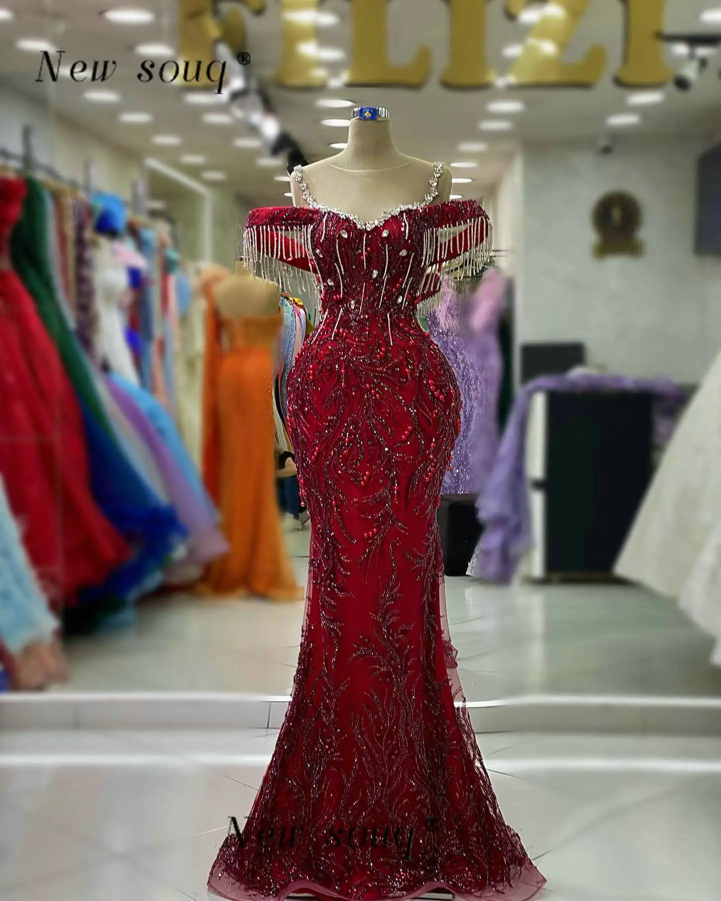Long Burgundy Off the Shoulder Mermaid Sequined Evening Dresses Emblished with Silver Crystals Chains Night Party Gowns 2023