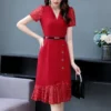 Lace Patchwork Belt High Waist Elegant Party Dresses for Women Summer Korean Fashion V Neck Short Sleeve Slim Midi Dress Vestido - Image 3