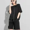 [EAM] Women Black Big Size Zipper Ribbon Casual T-shirt New Hooded Short Sleeve Loose Fit Fashion Spring Summer 2024
