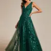 Elegant Evening Dresses V-Neck Sleeveless with Tulle Floor Length 2024 BAZIIINGAAA of Shiny Dark Green Sequin Bridesmaid Dress