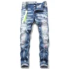 Light luxury men’s slim fit stitching decors blue denim pants high quality white ink splash scratches jeans sexy casual jeans; - Image 5