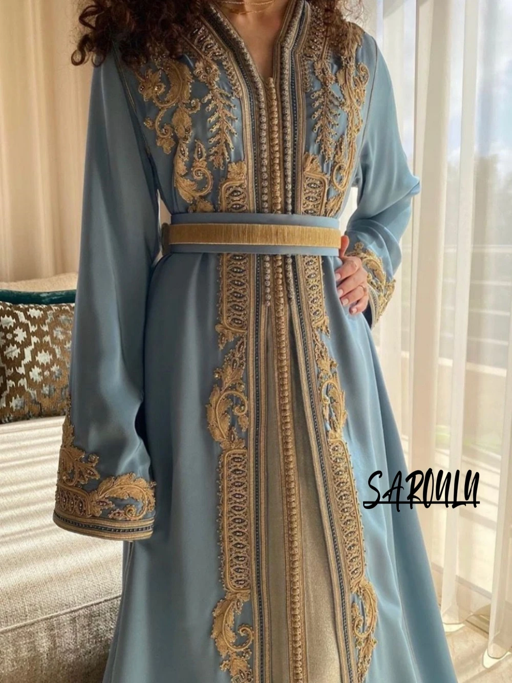 Kaftan V-neck Evening Dresses Elegant Long Sleeve A-line Bridal Dress Caftan Appliques Floor-length Gown Robe De Mariée