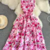 Summer Jacquard Floral Tank Dress Women's Sleeveless Vest O Neck High Waist Flower Print Long Calf Length Beach Party Vestidos