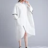 #3483 White Women Asymmetrical Shirt Dress Batwing Sleeve Loose Front Buttons Midi Dress Big Pockets Turn-down Collar Summer2023 - Image 5