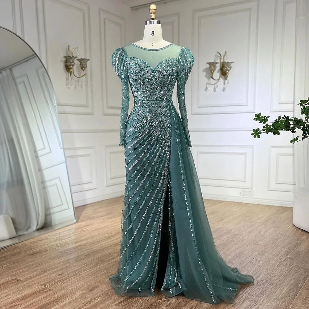 Serene Hill 2024 Arabic Turquoise Mermaid Split Beaded Luxury Dubai Long Evening Dresses Gowns for Women Wedding Party