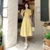 korean Summer preppy style Dress Fashion A-Line Single Breasted Casual Dresses Turn-Down Collar High Waist Solid Maxi - Image 2